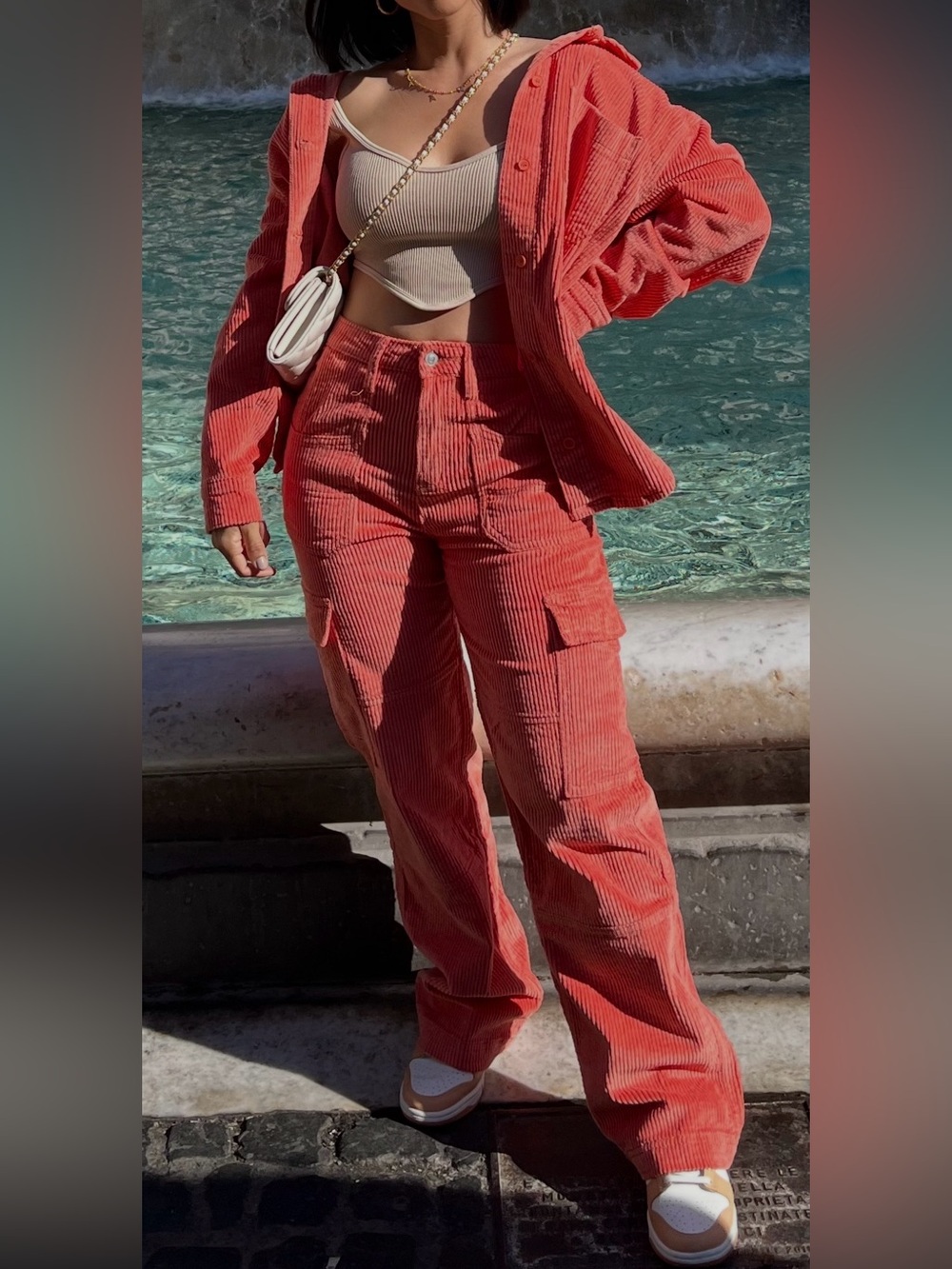 Matching set High-Rise Coral Wide-Leg Corduroy Cargo Pants & button down shirt